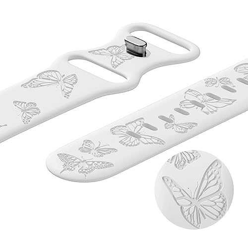 Image of Butterfly Engraved Bands Compatible with Apple Watch Band 41mm 40mm 38mm 49mm 46mm 49mm 46mm 45mm 44mm 42mm Women, Silicone Sport Strap for iWatch Series SE 10 9 8 7 6 5 4 3 2 1 SE Ultra