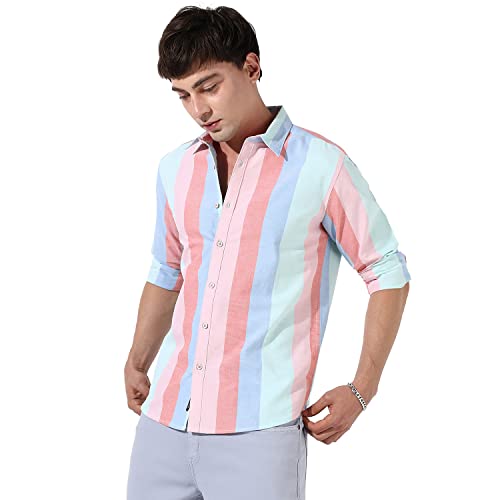 Image of CAHOOT Mens Multicolour Roman Striped Button Up Regular Fit Shirt for Casual Wear Cotton Spread Collar Crafted with Sleeve Comfort and High Performance Everyday