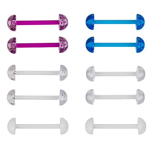 Crazypiercing 5Pair Acrylic Tongue Rings 14G Flexible Glitter Half Ball Tongue Barbell Retainer Body Piercing Jewelry Bar Length 16Mm #TOP6