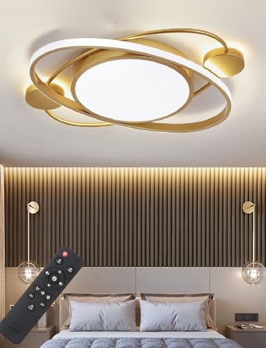 Plafonnier LED pour salon et chambre luminaire moderne doré télécommandé 63cm