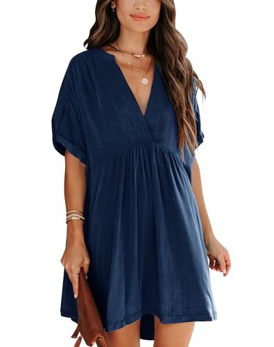Minclouse Women's Babydoll Short Sleeve Tunic Dress V Neck Cute