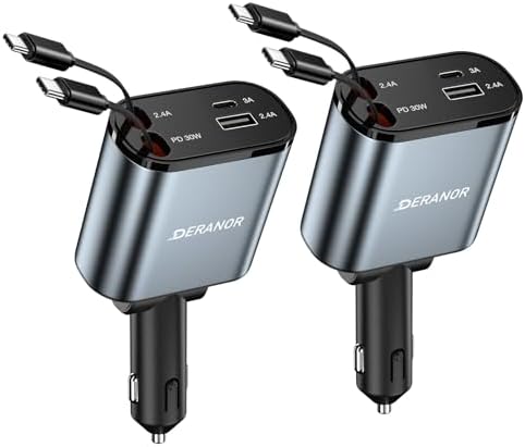 [2 Pack] Retractable Car Charger 4 in 1 Fast Car Phone Charger 69W, Type C Car Charger Adapter with 2X Retractable Phone Charger Cables and 2X USB Ports for iPhone 15/14/13/12, Samsung S24/S23,Google
