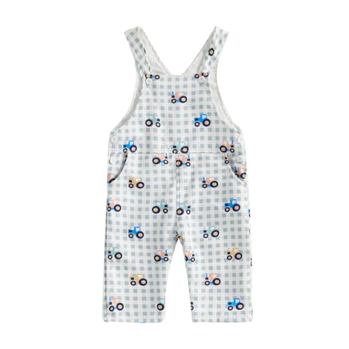 Filgriox Newborn Baby Boy Girl Overalls Sleeveless Jumpsuit Car Print Plaid Suspender Pants One Piece Outfit (Light Green, 18-24 Months)