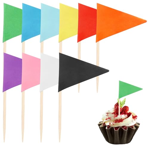 100 Pcs Solid Color Toothpick Flags Mini Small Triangle Stick Golf Cupcake Toppers Sticks Blank Flag Fruit Cheese Markers Flags for Wedding Party Buffet Appetizers DIY Decoration 10 Colors