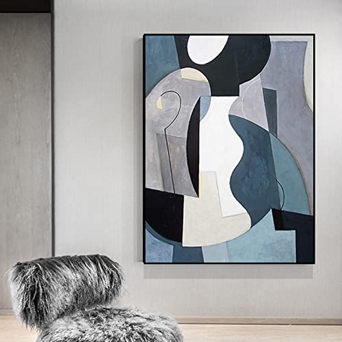 Peinture à l’huile peinte à la main sur toile tableau abstrait géométrique bleu moderne