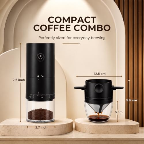 Image of Ash & Roh Electric Coffee Grinder & Pour Over Brewer Set - Compact Adjustable Burr Grinder with Reusable Filter, One‑Touch Drip Coffee Maker for Home Use