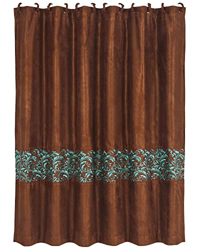 Image of Paseo Road Wyatt Western Rustic Bathroom Fabric Shower Curtain with 12 Hooks, 72x72 inch, Brown with Turquoise Swirl Pattern, Lodge Southwestern Style