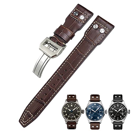 Bracelet montre 20mm cuir véritable de veau style Big Pilot IWC IW3777 noir et rivets acier