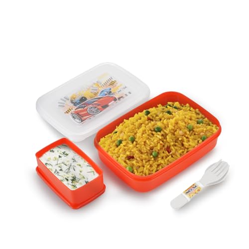 Image of Nayasa Ninja 2 Compartment BPA-Free Plastic Lunch Box for Kids Boys | Cars Print | Leak Proof Push Lock | Red
