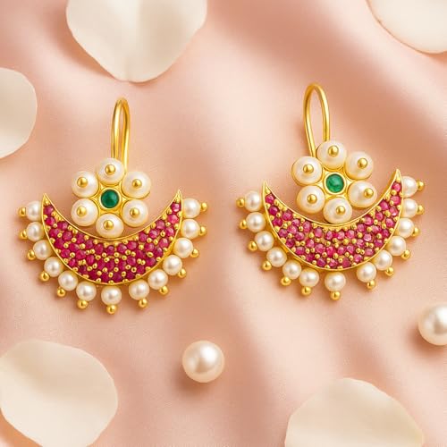 Image of VAMA FASHIONS 18K Gold Plated Bugdi Half Moon Clip On Earrings Ruby Stones Pearl Drops Traditional Maharashtrian Bugadi Upper Ear Jewelry For Women & Girls