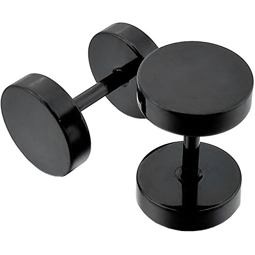 7mm Paire Boucles d’Oreilles Noir Barbell Haltère Vis Piercing Clou à Visser Jeu de Goujon Plug Bouchon Faux Écarteur Ronde Hypoallergénique fake tunnel black...