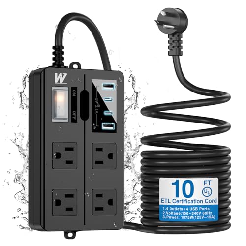 10FT Outdoor Waterproof Power Strip Surge Protector with 4AC Outlets