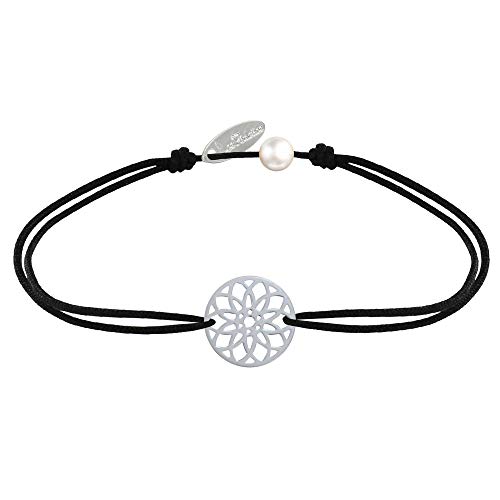 LES POULETTES BIJOUX - Bracelet Lien Médaille Argent Mandala Graine de Vie - Noir