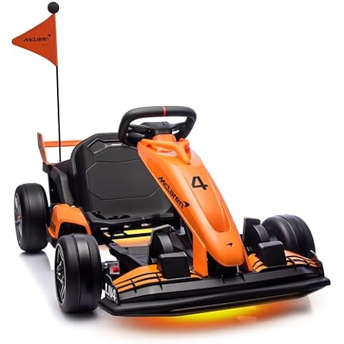 24V Kids Electric Go Kart, Licensed McLaren F1 Drift Kart Car with Dual 200W Motors, Adjustable Seat, 6 Safety Upgrades, CVT Speed Mode, Anti-Skid Tires & LED Lights (Orange, 200)