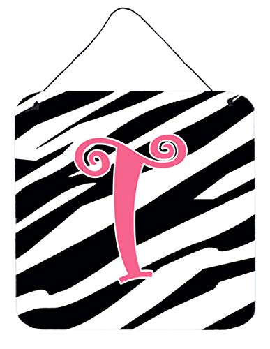 Caroline's Treasures CJ1037-TDS66 Letter T Initial Zebra Stripe and Pink Wall or Door Hanging Prints Aluminum Metal Sign Kitchen Wall Bar Bathroom Plaque Home Decor, 6x6, Multicolor