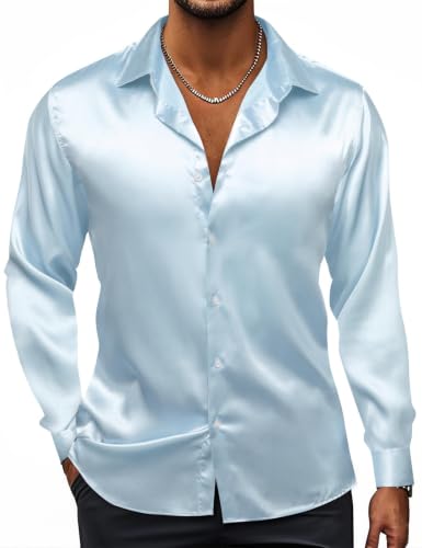 Image of Hi-Tie Men's Silk Satin Dress Shirts Long Sleeve Shiny Casual Button Up Shirts Luxury Party Disco Prom Wedding Shirt