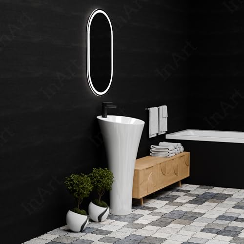 Image of InArt One Piece Ceramic Pedestal Free Standing Round Wash Basin for Living Room and Bathroom (15 x 15 x 32 Inch, White)