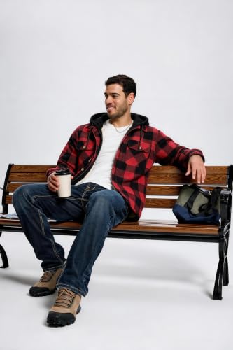 Image of TanBridge Men's Cotton Plaid Shirts Jacket Full Zip Fleece Flannel Sherpa Lined Hoodies Heavyweight Hoodies Jacket for Men
