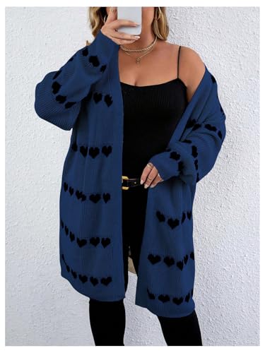 Image of MakeMeChic Women's Plus Size Long Cadigan Sweaters Casual Open Front Kint Lightweight Cadigan Heart Long Sleeve Outerwear