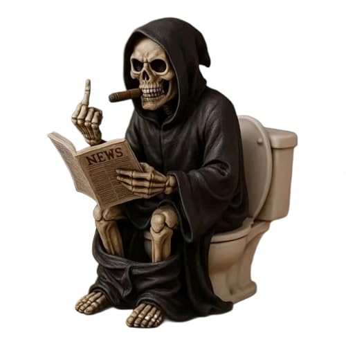 Toilet Grim Reaper Figurine, Toilet Seated Ghost with Books & Middle Finger Spooky Gothic Skeleton Figurines for Bathroom Decor,Halloween Funny Resin Skull Collectible Statue for Desk Bookshelf Decor