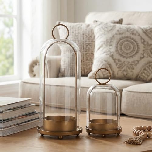 Ganwu Metal Candle Holder with Handmade Glass Dome in Brass, 5" & 4" Wide Versatile Hurricane Glass Candle Holders Set of 2, for Pillar Candles & Plants (Brass)
