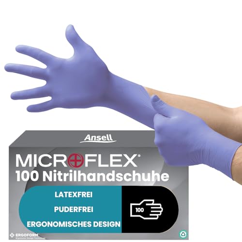Ansell Microflex 93-843 Latexfreie Einweghandschuhe, Nitrilhandschuhe Puderfrei, Einmalhandschuhe Violett, Chemikalien-Schutzhandschuhe, Lebensmittel Handschuhe XL (100 Stück)