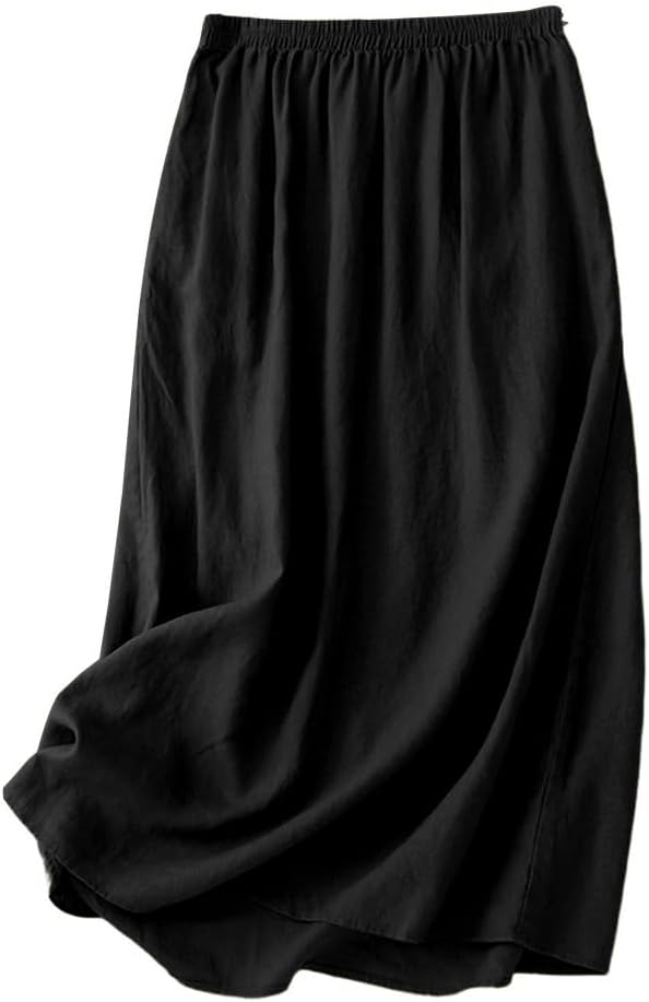 Kinghua Linen Skirts for Women Spring Summer A Line Elastic High Waisted Casual Trendy Midi Long Skirt with Pockets