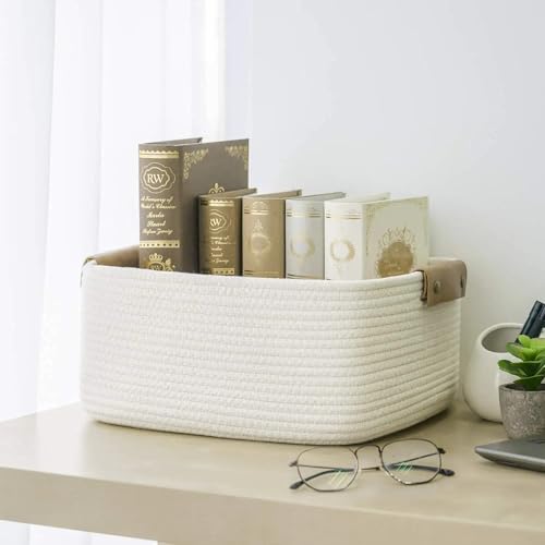 سلة تخزين من ايهيارون، سلال تخزين لتنظيم الارفف، سلال من الحبال القطنية للتخزين، سلة منسوجة للألعاب، سلال مناشف للحمام (ابيض، M)
