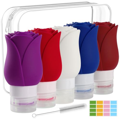 Mabnuby 5 Pack Rose Silicone Refillable Travel Liquid Bottles 3oz Size Containers for Toiletries Tsa Approved Leak Proof Toiletry Squeeze Bottle Set