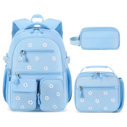 Image of DIGOBAY Backpack for Girls 6-8, 3PCS Embroidery Toddler Girls Backpack with Lunch Bag Pencil Case, 15.7 inch Kids School Bookbag for Preschool Kindergarten Elementary Daycare Backpacks, BLue Flower