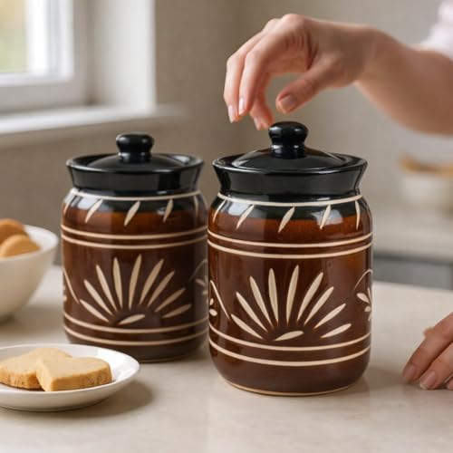 Image of Printed Ceramic Handglazed Pickle Jars Set of 2-1000 ML Each | 1 kg Achaar Martban Barni Jar with Lid | Ceramic Storage Jar Container Pickle /Achar, Chatney