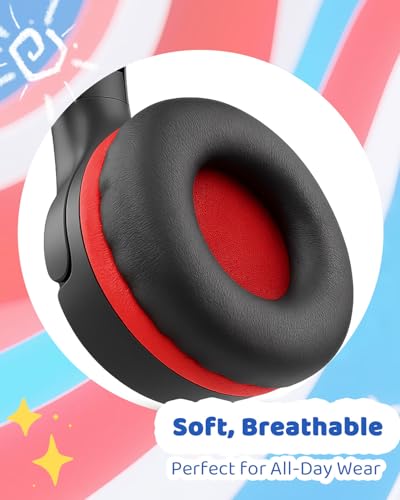 Image of Wired Kids Headphones with Mic, Foldable, Volume Control Safe Listening(85 /94dB), 3.5mm Jack on-Ear Headset for Chilren /Teens /School /Travel /Plane /Ipad /Tablet /Laptop,Black-Red