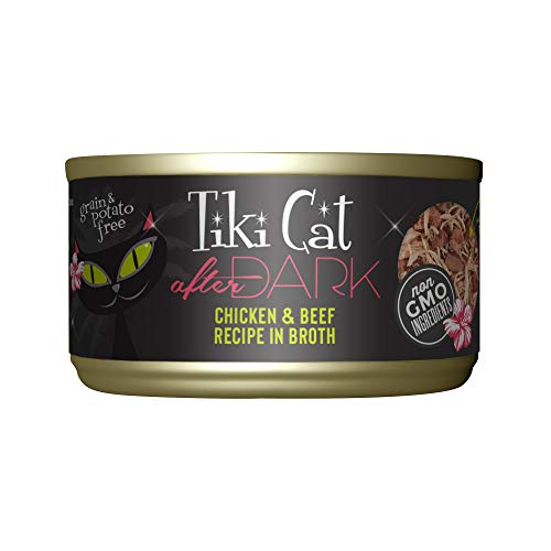 Image of TIKI PETS Cat After Dark Grain-Free, Low-Carbohydrate Wet Food with Real Shredded Meat for Cats & Kittens, 2.8oz, 12pk, Chicken & Beef, Black (11240)