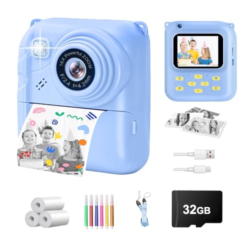 Image of Instant Print Camera for Kids, 1080P Video Camera with 3 Print Rolls | 32GB Card & Cute Cover, Gift for Girls Boys Age 3-12, Toddler Digital Camera with Games, Filters, Music - Blue