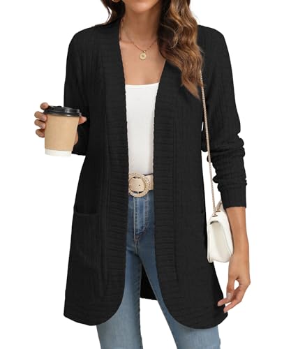 YSYOKOW Cardigan Sweaters for Women Long Sleeve Open Front, Black, XXL