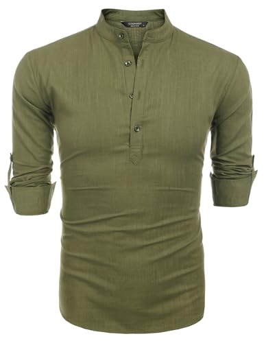 COOFANDY Men's Cotton Linen Henley T-Shirts Long Sleeve Hippie Casual Beach T-Shirts Army Green - Thumbnail 6