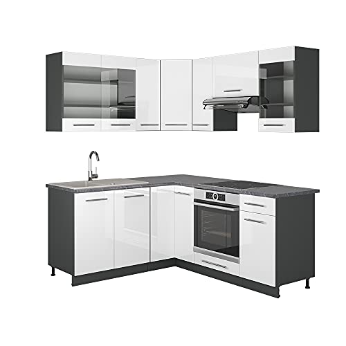 Vicco Eckküche Fame-Line, Weiß Hochglanz/Anthrazit, 190 x 46 cm ohne Arbeitsplatte, zur individuellen Erweiterung mit zusätzlichen Modulen geeignet
