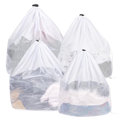 Pack de 4 Bolsas de Lavado para Lavadora, Bolsas con Cordón, Bolsas de Malla Reutilizables, Bolsa para Bebés, Sujetadores y Ropa Interior (Malla Fina, 4 Tamaños)