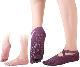 2 Pairs Pilates Socks Non Slip Skid Yoga Socks with Grips & Straps Full Toes for Women Cotton Gripper Socks for Pilates/ Barre/ Ballet/Dance/ Workout/Fitness/Martial Arts/Trampoline/Massage/Home Use