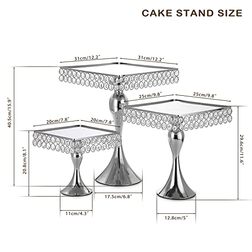 Elldoo Set Of 3 Crystal Wedding Cake Stands, 8/10/12 Inch Silver Square Cake Display Stand Pedestal, Metal Cupcake Stand Dessert Stand Serving Tower For Parties Birthday Baby Showers Anniversary #TOP1