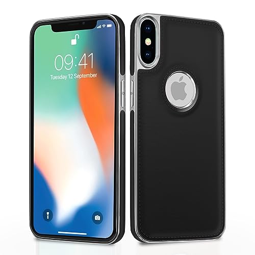 Image of Amazon Basics Back Cover iPhone X /Xs Silver Electroplated Chrome | Full Camera Protection | Chrome Leather | Flexible Pu Leather Bumper Case (Black)