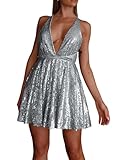 R.Vivimos Women's Sequin Dress Spaghetti Strap Sexy Deep V Neck Backless Glitter Club Party Skater Swing Mini Dress (Small, Silver)
