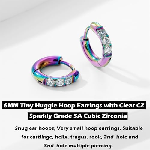 Image of Hypoallergenic Unisex Surgical Steel Small Cubic Zirconia Huggie Hoop Earring, Color Gold - Silver - Rose Gold - Black - Rainbow, Size 6mm- 12mm Safe for Sensitive Ear