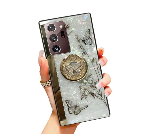 for Samsung Galaxy Note 20 Bling Case Luxury Classic Design Cute Diamond Glitter Rhinestone Sparkly 3D Butterfly Marble Pretty Phone Cover with Ring Kickstand for Women Girls