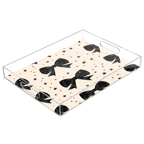 BOESI Graffiti Black Bow Acrylic Decorative Dining Tray, Acrylic Decorative Tray Organizer with Handle for Kitchen, Dining Room, Bathroom, Dresser