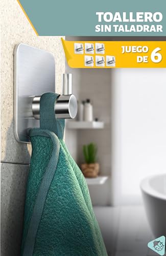 Menz ganchos adhesivos para pared inox, 6 piezas - toalleros de baño sin taladro - colgadores autoadhesivos resistentes, percha para albornoz ropa paño de cocina, Plateado - imagen 2