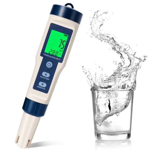 pH Mètre 5 en 1 Numérique avec Écran LCD, Testeur pH, TDS, EC, Salinité et Température, Précision 0.01, ATC et Étanchéité IP67, Testeur d'Eau pour...