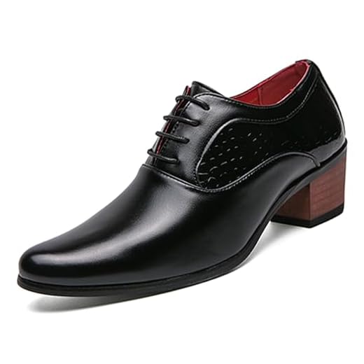 Sapato masculino Derby Oxfords de couro, clássico, com cadarço, cano baixo, bico fino, bloco em relevo, salto alto, negócios, vestido de casamento, Couro preto fosco, 42