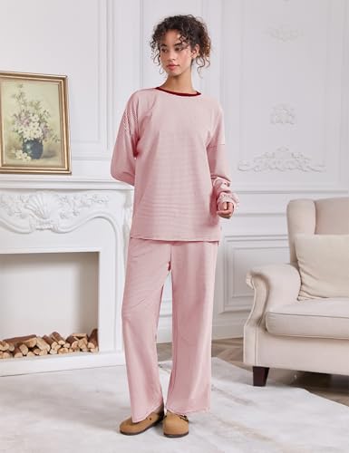 Image of MISSACTIVER Women's 2 Piece Striped Lounge Set Long Sleeve Oversized T-Shirt Wide Leg Pants Matching Pajamas Set
