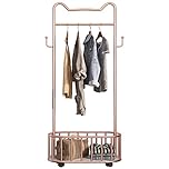 Exquisite Rose Gold Clothes Rack with Storage Basket Freestanding Entryway Organizer Stand with Hooks and Stable Metal Frame Industrial Coat Rack for Home Decoration.